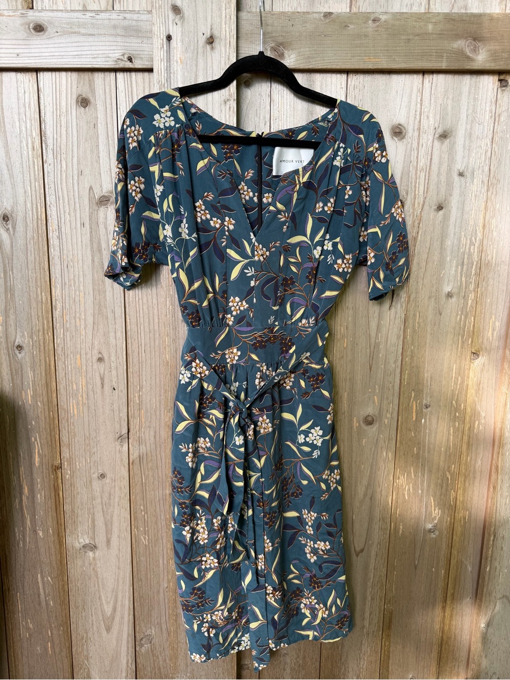 Amour Vert Silk Teal Blue Floral Midi Wrap Dress
